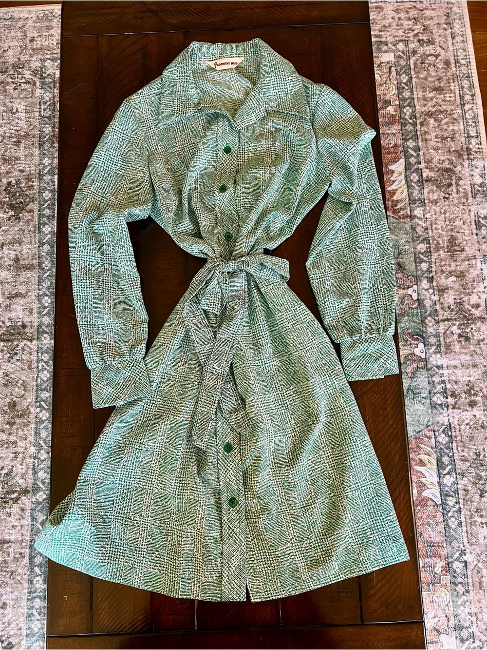 Vintage 70s Country Miss Green White Shirt Dress Belted Cottagecore 12